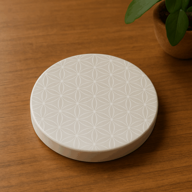 Plaque de Sélénite Fleur de Vie – Recharge & Dynamisation Énergétique – 9 cm